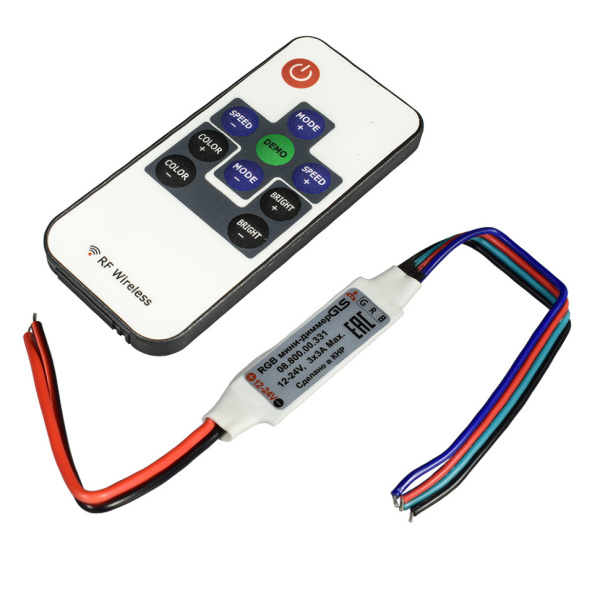 08.800.00.331 RGB мини-диммер,12-24В, макс 3х3А 108W/216W, c ПУ 10 кнопок, вх/вых провод 10см