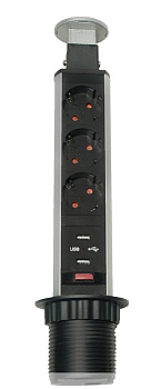 11.103.09.012 Блок розеток выдв. вертик.,3 розетки EURO,250В, max3,5кВт, 2USB*2.1A, провод1,8 м, D60 (серебристый)