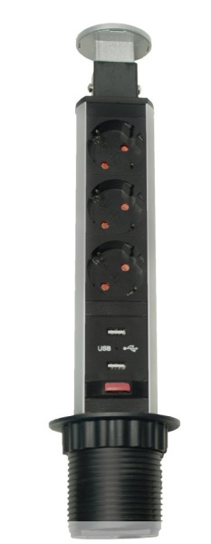 Блок розеток выдв. вертик., 3 розетки EURO,250В, max3,5кВт, 2 USB*2.1A, кабель 2м,D=60 (серебристый)