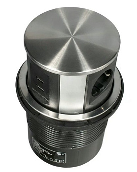 11.800.02.002 Блок розеток выдвижной вертикальный POP UP LIFT-U, 3 розетки EURO, 250В, max 3,5кВт, 2USB max 2.4A, 5V, 238х145мм, отверстие D=120мм, 2m кабель с вилкой EURO, верх нерж.сатинированная сталь, розетки черные