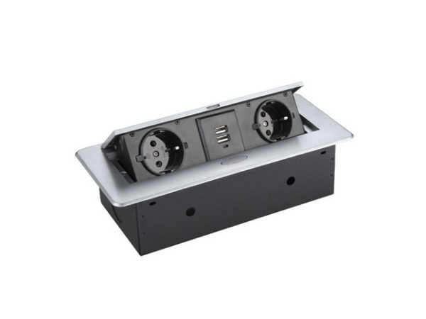 Блок розеток выдвиж гориз, 2 розетки EURO,2USB*2.1A, 250В, 2700Вт, кабель 2м с вилкой, серебристый