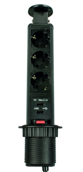 Блок розеток выдв. вертик., 3 розетки EURO,250В, max3,5кВт, 2 USB*2.1A, кабель 1,8м,D=60 (черный)